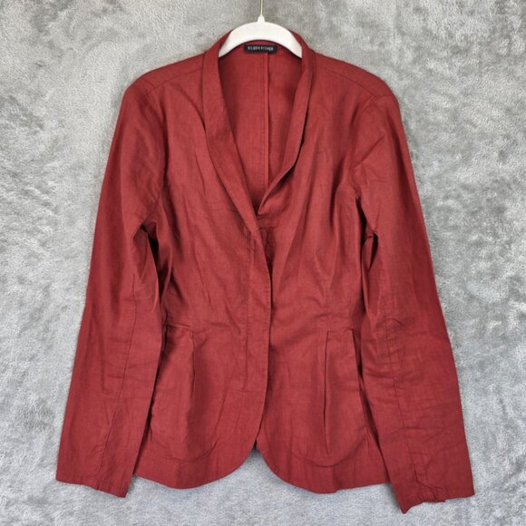 Eileen Fisher Blazer Womens Medium Red Linen Blend Open Front Shawl Collar - Picture 1 of 10
